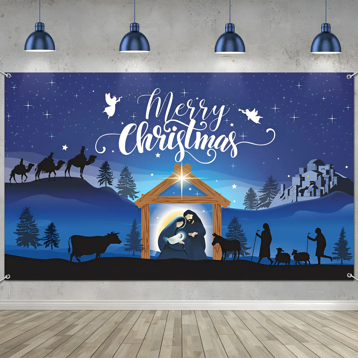 Banner Belén Feliz Navidad Fondo Azul para Cabina Fotografía | Diseño Impreso Profesional | Decoración Festiva para Eventos y Fiestas Navideñas