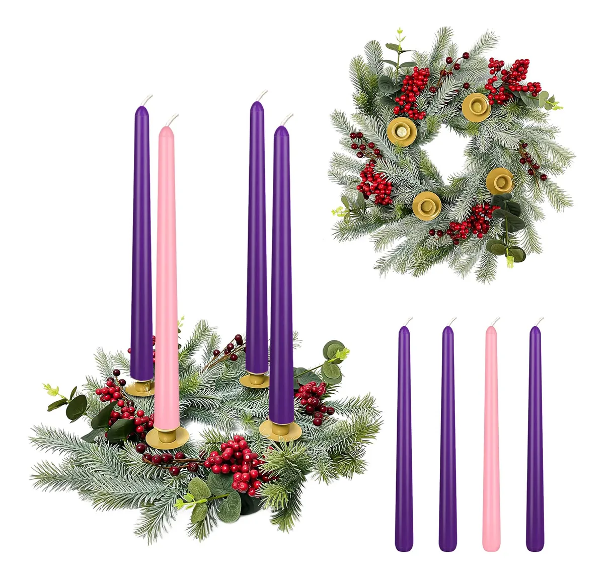 Corona de Adviento Navideña con 4 Velas Cónicas Decoración Festiva Blanco y Verde | Ambiente Cálido y Tradicional para Hogar