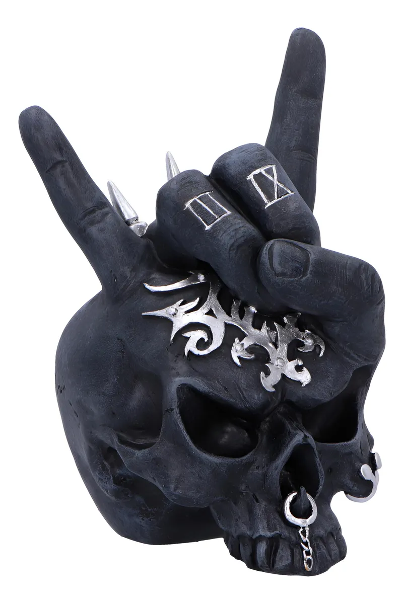Adorno Calavera Resina Rock On Cuernos Negro Negro - Decoración Estilo Gótico y Rockero - Figura Decorativa Arte Oscuro