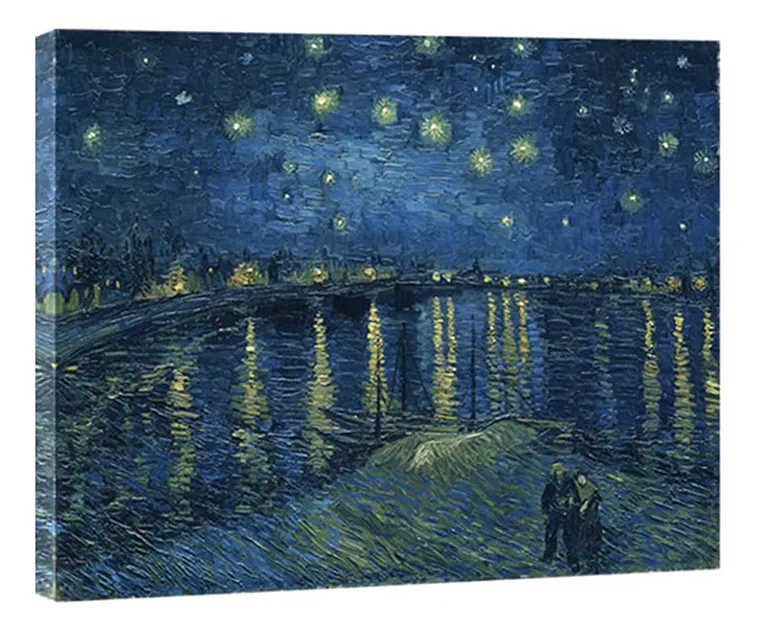 Cuadro "Noche Estrellada Sobre El Ródano" de Van Gogh - Óleo Enmarcado Profesional para Decoración de Paredes | Arte Clásico Impresionista