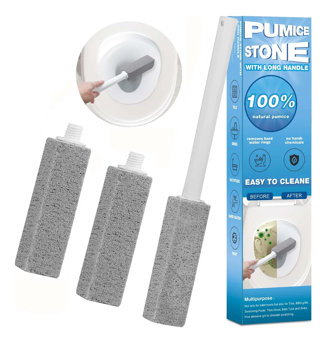Piedra de Limpieza Pómez con Mango Extra Largo para Inodoros - Eliminación de Sarro y Manchas Difíciles - Gris y Blanco