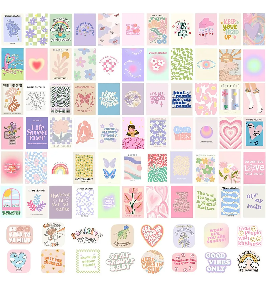 Juego de Collage de Pared 70 Piezas Estilo Danés en Tonos Pastel para Decoración Moderna | Crea Ambientes Únicos | Adhesivos Autoportantes | Perfectos para Habitaciones y Oficinas