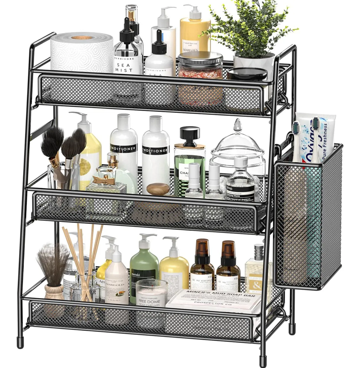 Estante Organizador de Encimera de Baño 3 Niveles de Metal Blanco con Cesta Integrada - Almacenamiento Vertical Compacto y Elegante