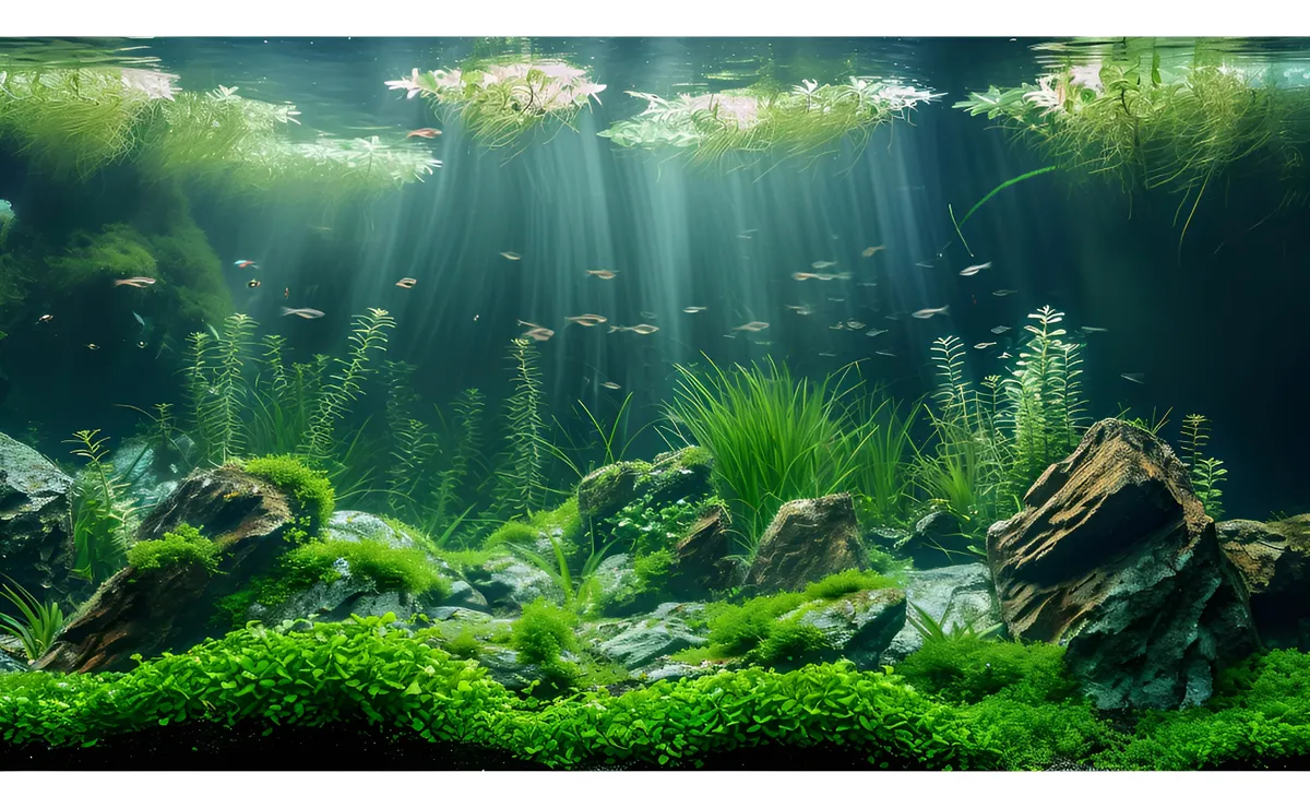 Fondo de Acuario Impreso Diseño Zacate Subacuático Verde Vívido, Crea Paisajes Acuáticos Realistas y Vibrantes para tu Tanque.