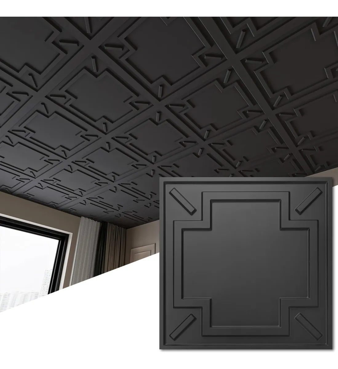 Azulejo Decorativo 3D Negro para Techo - Pack 12 Unidades - Diseño Moderno y Elegante para Interiores | Fácil Instalación