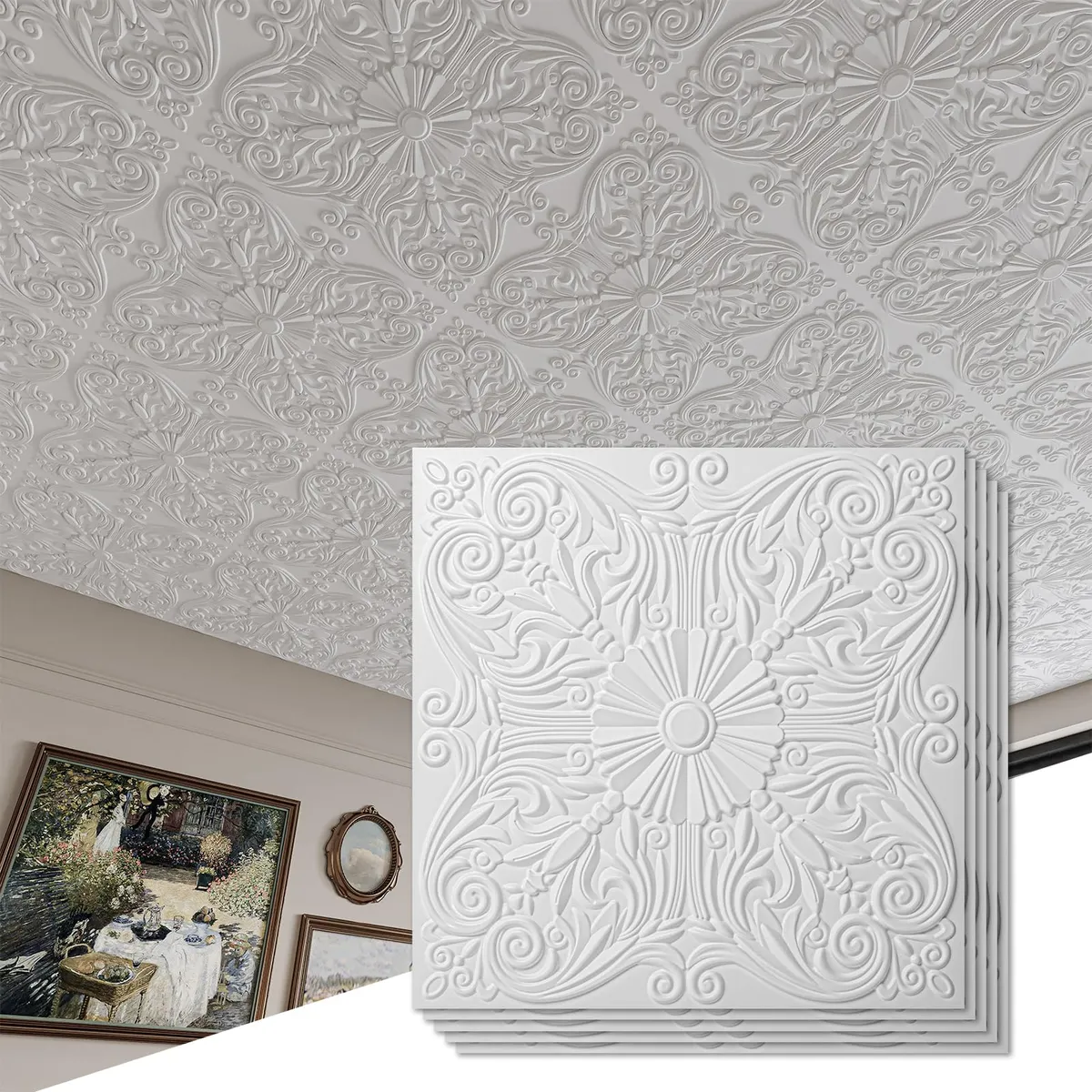 Azulejo Decorativo para Techo Diseño Floral Español Blanco Mate, Estilo Tradicional para Interiores Elegantes | Acabado Liso y Duradero