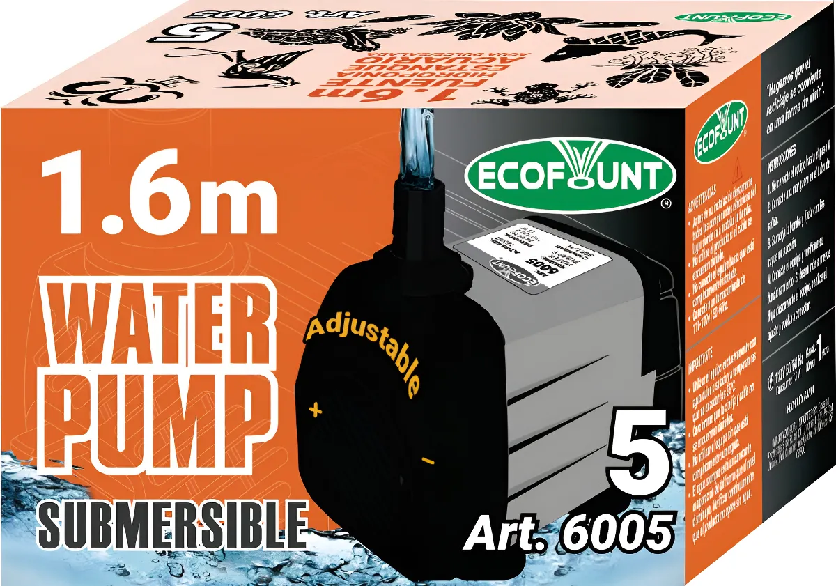 Bomba de Agua Sumergible Ecofount 6005 - 800 L/h, Elevación 1.60m, Bajo Consumo 13W - Ideal Acuarios, Fuentes y Pequeños Sistemas de Riego - Silenciosa y Eficiente