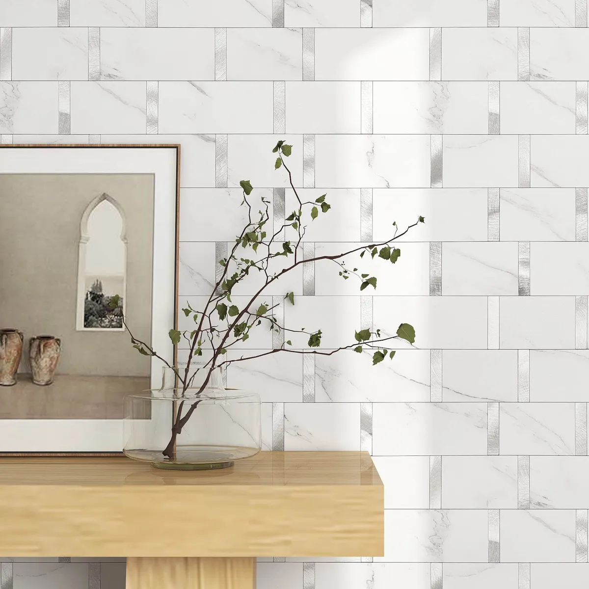 Baldosas Adhesivas Mate Ladrillo para Cocina y Baño | Fácil Instalación | Diseño Blanco Plata | Pack 10 Piezas