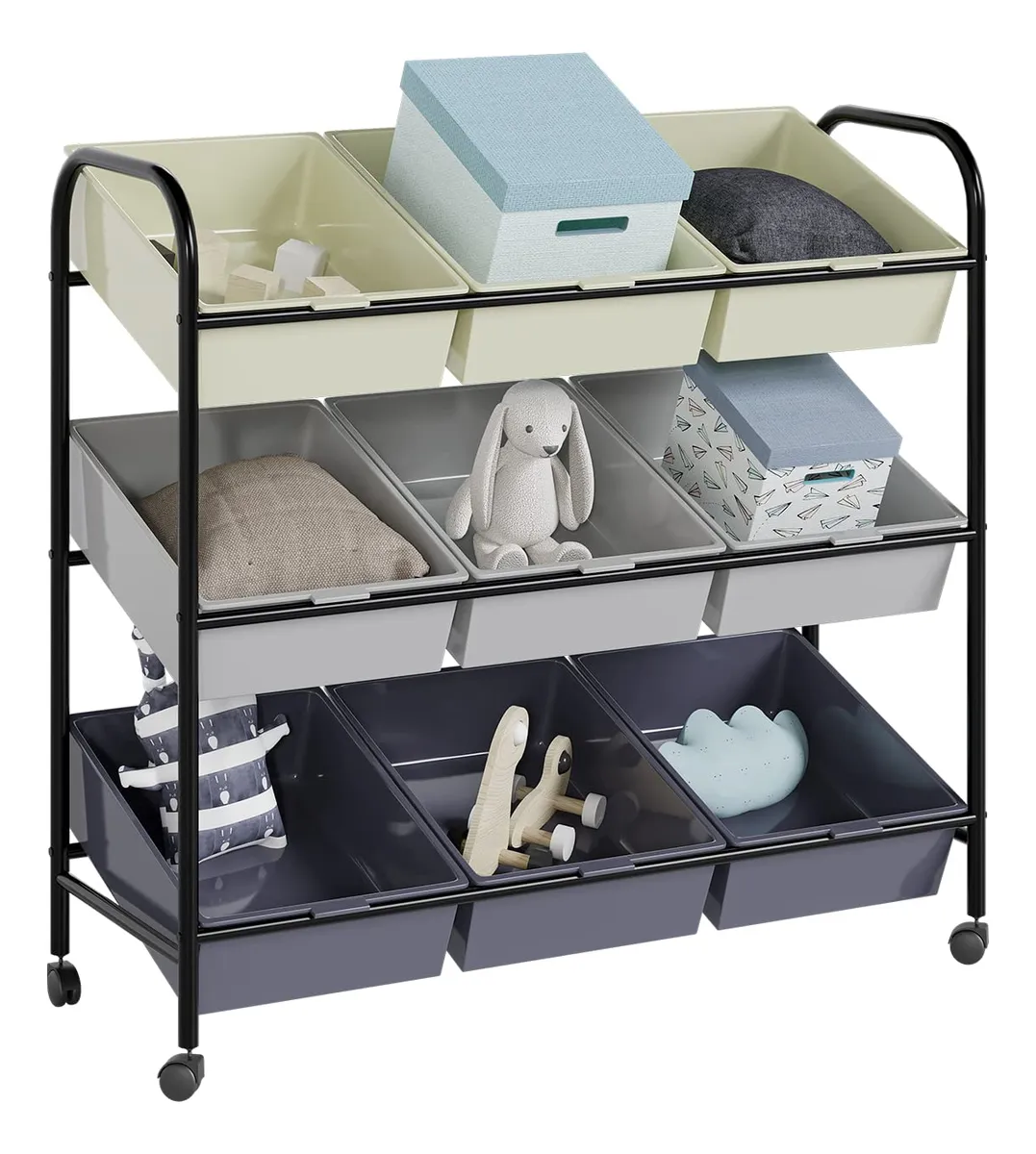 Carrito Organizador Multiusos con 9 Compartimentos y Ruedas - Ideal para Hogar y Oficina - Diseño Gris Moderno y Práctico