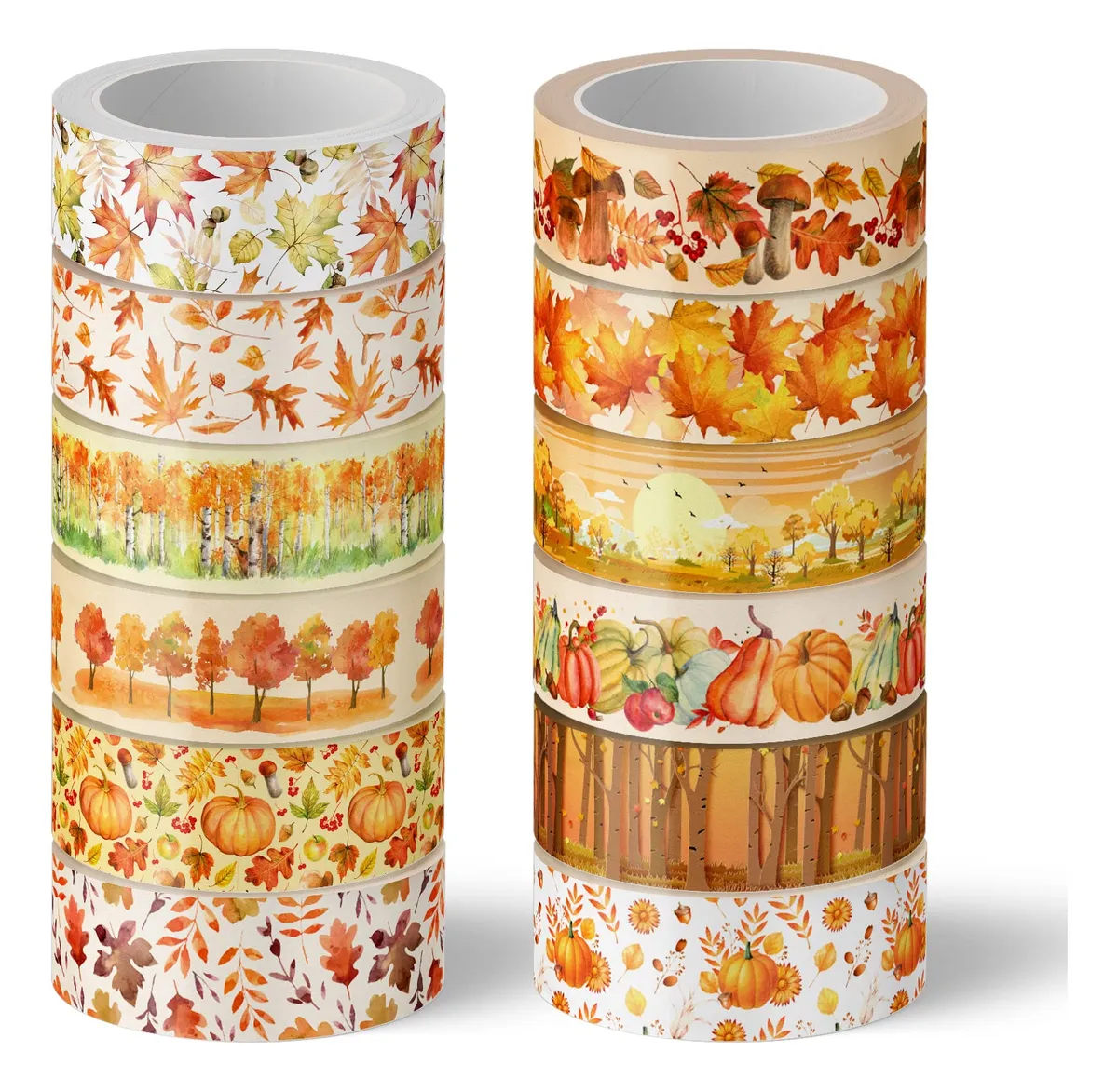 12 Rollos Cintas Washi Decorativas Acuarela Otoño | Diseño de Arte y Manualidades | Estilo Estacional para Scrapbooking, Regalos y Decoración