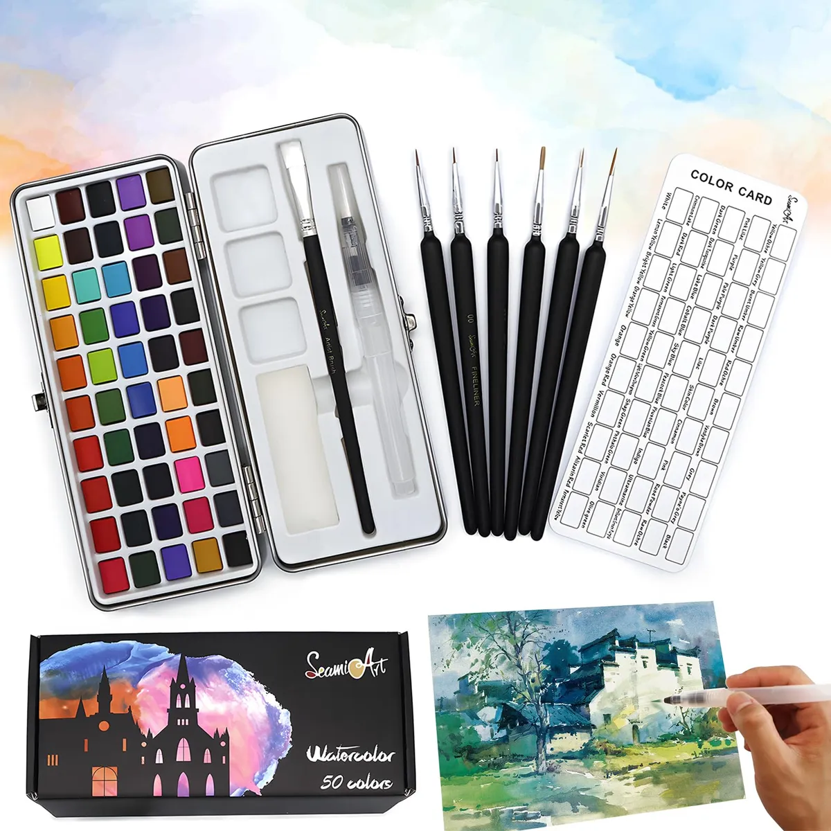 Acuarela Profesional 50 Colores Vibrantes con Pinceles Portátil para Artistas y Aficionados, Estuche Compacto para Viaje y Creación Artística