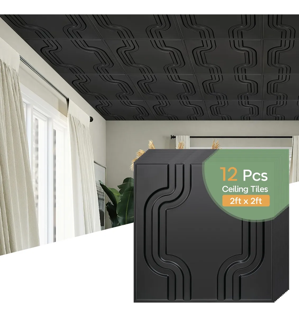 Azulejos De Techo Decorativos 3D Ligeros e Impermeables | Diseño Negro Moderno para Interiores | Fácil Instalación | Resistentes | Transforma Tu Espacio