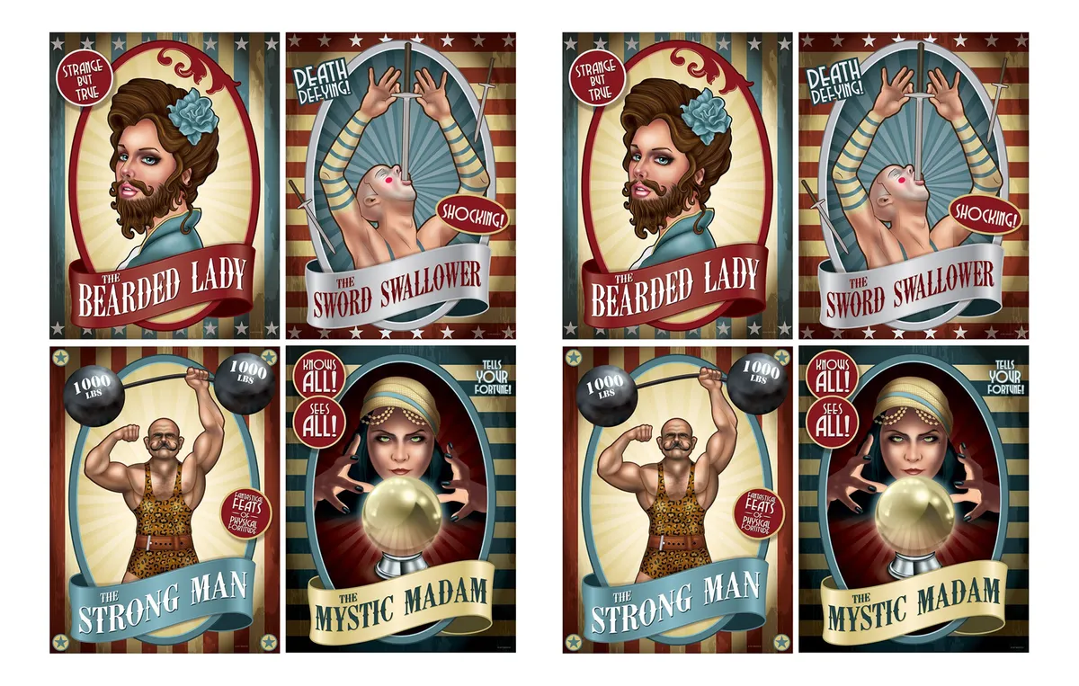 8 Pósters de Circo Vintage Recortables Multicolor - Decoración Retro Auténtica para tu Hogar y Eventos - Adhesivos y Reutilizables para un Toque Artístico Único