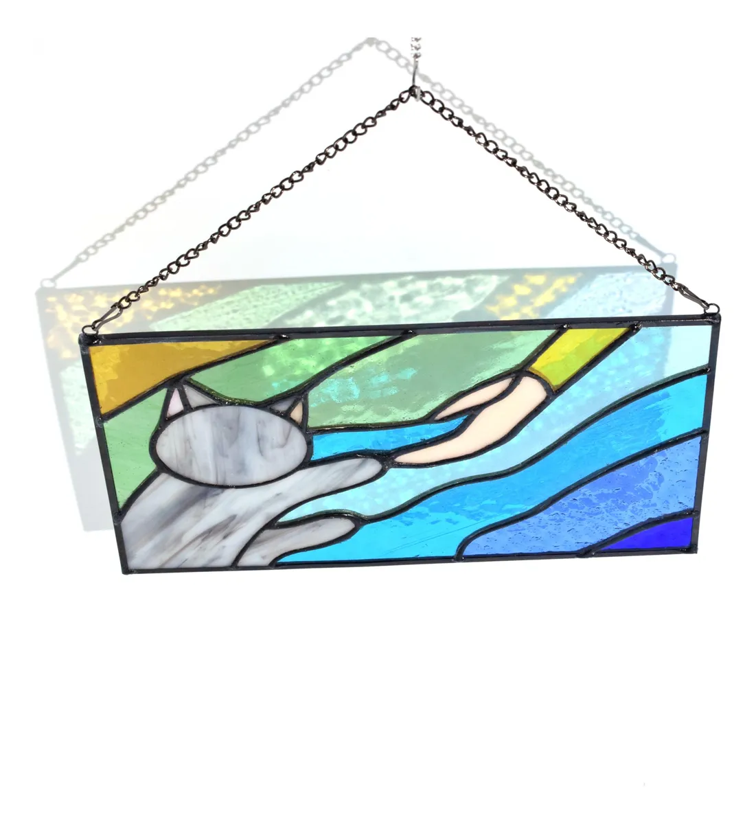Gato de Vidrio Manchado Colgante Decoración Hogar Elegante Regalo Original - Diseño Gris Único Adorno Artesanal