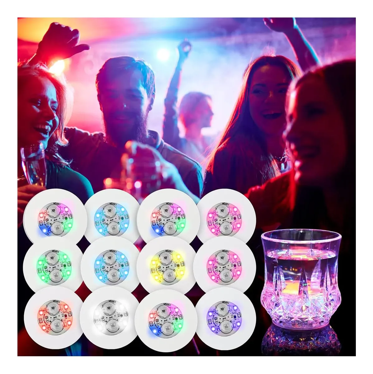 24 Pegatinas LED Luminosas Coloridas para Taza y Bar - Luces Reutilizables para Decoración - Rojo, Amarillo, Azul, Verde, Rosa, Blanco, Naranja, Multicolor