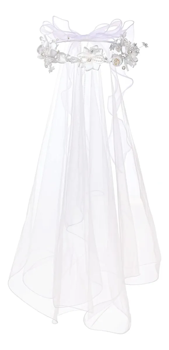 Velo de Primera Comunión Elegante con Corona Floral Blanca y Perlas | Accesorios Ceremonia Niña