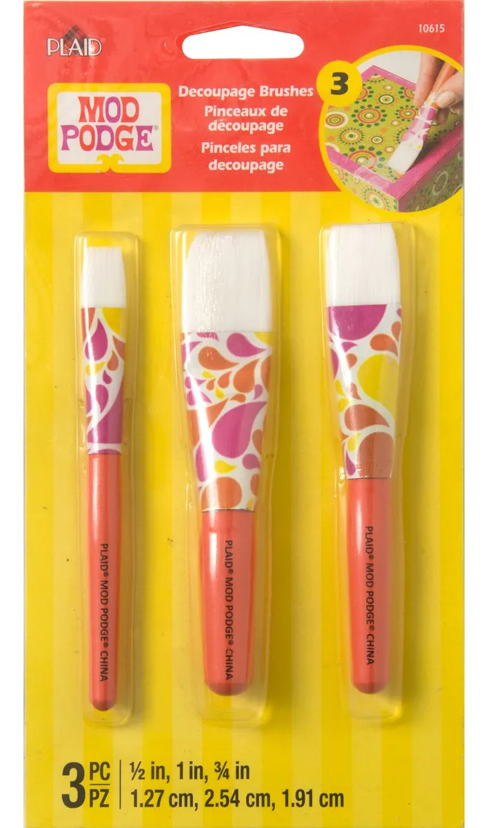 Juego de 3 Cepillos Mod Podge Mango Corto para Manualidades y Proyectos de Arte - Ideal para Aplicar Mod Podge, Pegamentos y Barnices
