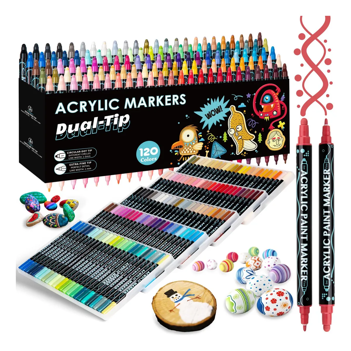 120 Plumones Acrílicos Doble Punta para Manualidades y Arte - 100 Colores Vibrantes para Dibujo, Ilustración y Diseño | Set Profesional para Artistas