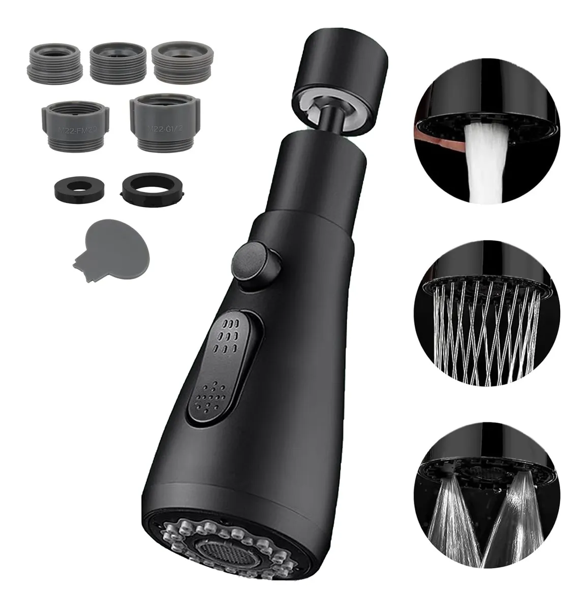 Aireador de Grifo para Cocina Extensible, 3 Modos, Rotación 360°, Negro - Mejora tu Grifo con Caudal Ajustable y Ahorro de Agua