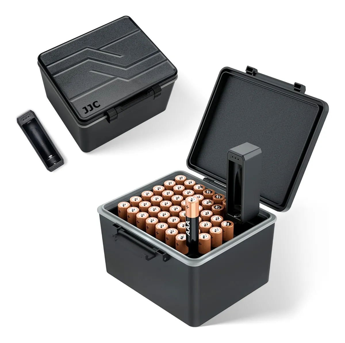 Caja Organizadora Premium 44 Ranuras para Pilas AAA con Probador de Baterías Extraíble Integrado - Almacenamiento Seguro y Práctico para el Hogar y Oficina