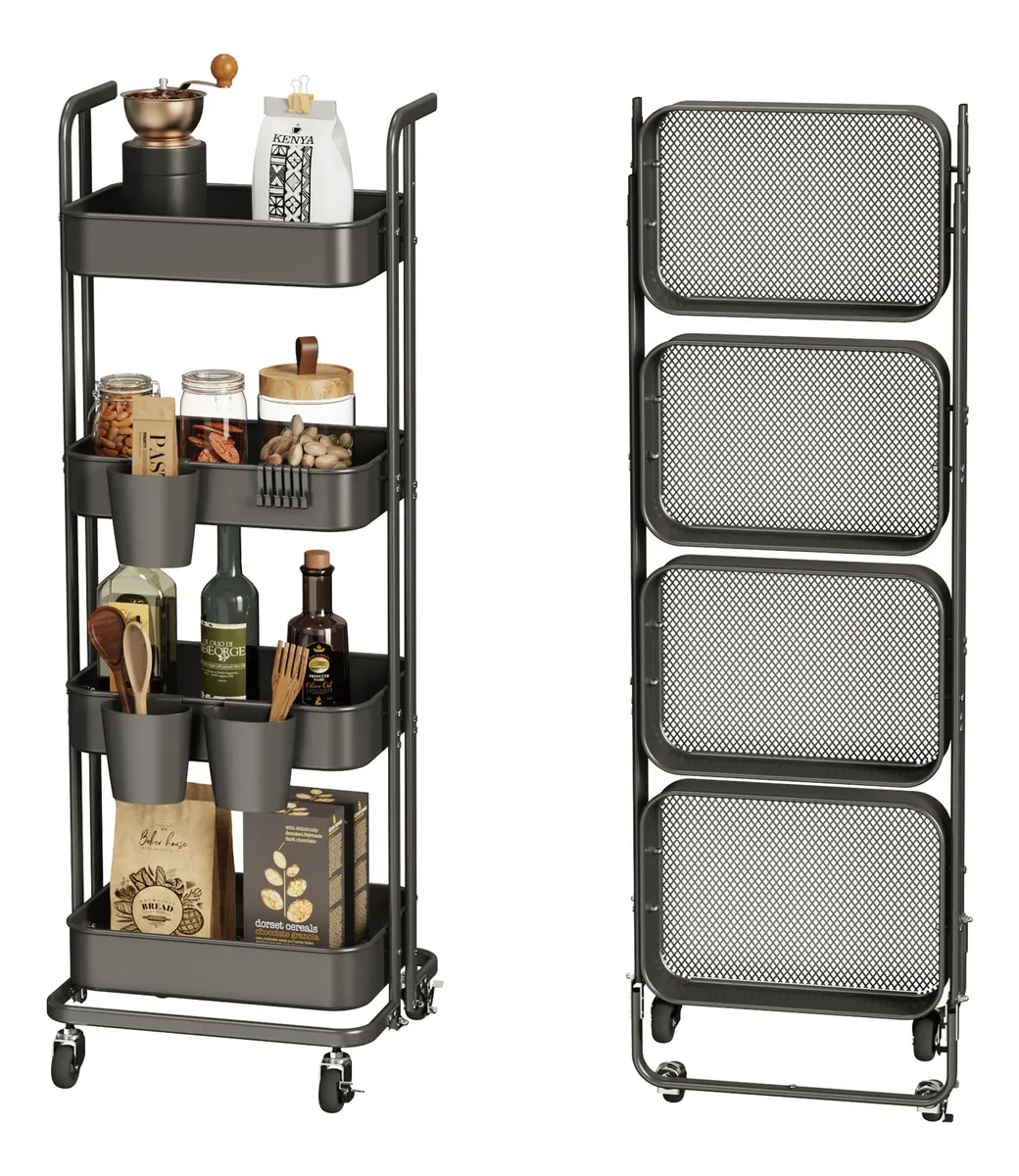 Carrito Plegable Organizador Metálico 4 Niveles con Ruedas Bloqueables Negro - Almacenamiento Versátil y Móvil
