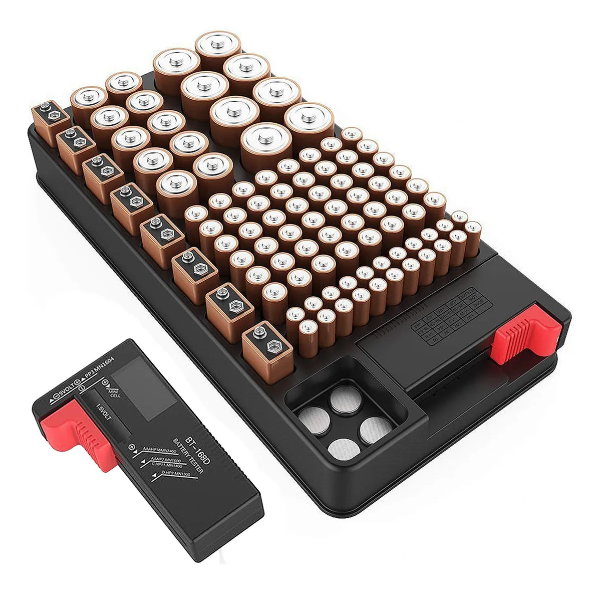 Caja Organizadora de Baterías con Probador Integrado: Almacenamiento Seguro y Eficiente para Pilas AAA, AA, C, D y 9V | Diseño Compacto y Práctico