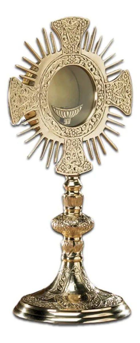 Custodia Automática Tradicional en Latón Pintado a Mano con Cruz de Luna - Arte Sacro Elegante para Devoción Religiosa y Decoración