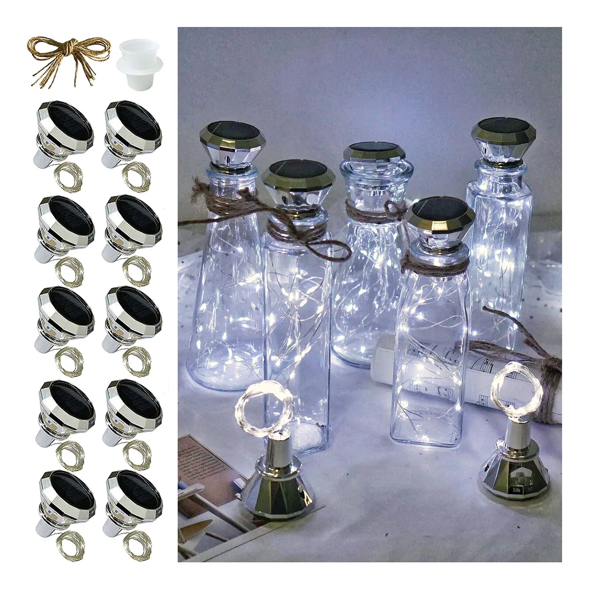 10 Luces Solares LED para Botellas de Vino - Crea Ambiente Mágico con Decoración Luminosa Recargable Ecológica y Resistente