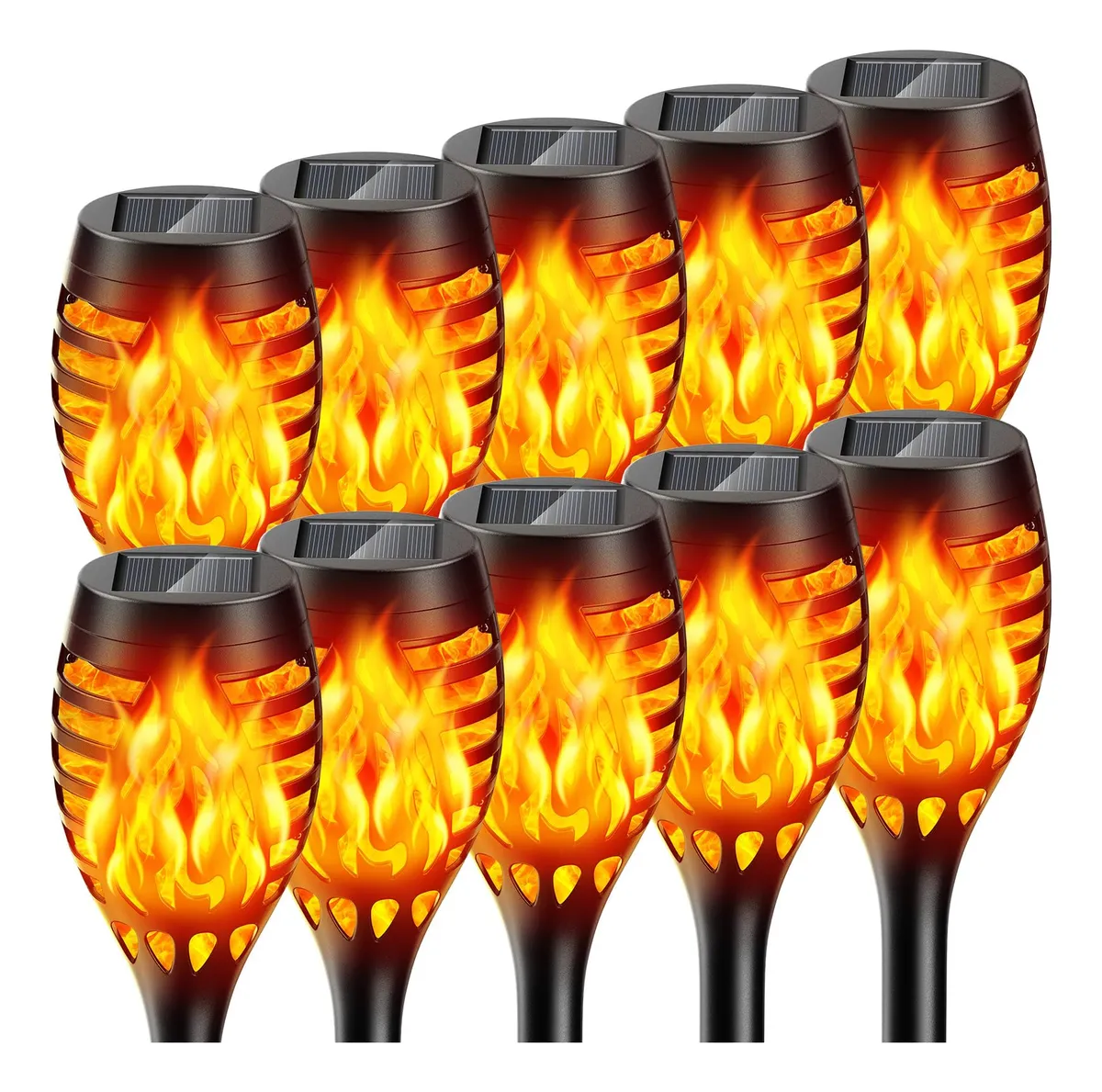 10 Linternas Solares LED Exteriores con Llama Parpadeante Efecto Realista para Jardín, Patio y Decoración Nocturna - Iluminación Autónoma y Ecológica