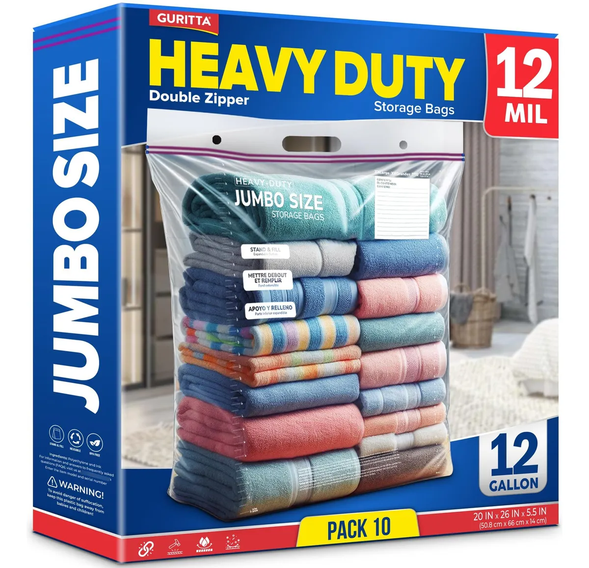Bolsa de Almacenamiento Jumbo Transparente de Plástico 10 Galones Ideal para Guardar Ropa, Mantas y Más | Resistente y Práctica