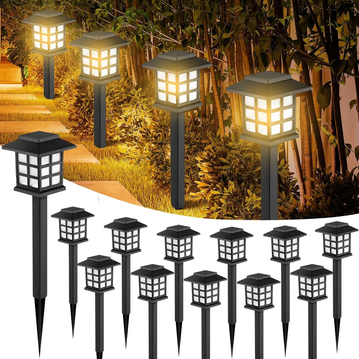 12 Luces Solares para Exterior Impermeables: Iluminación LED Jardín, Caminos, Patio. Estructura Resistente.