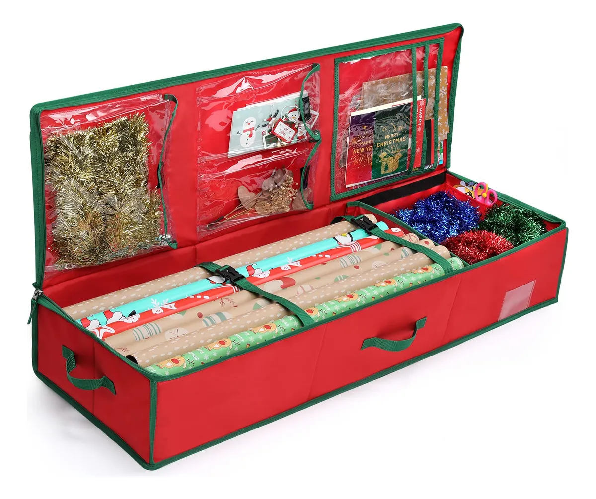 Bolsa Almacenamiento Papel Regalo Navidad Rojo Tela Decoración Festiva Diseño Exclusivo Práctico Ideal para Guardar Envolturas Navideñas