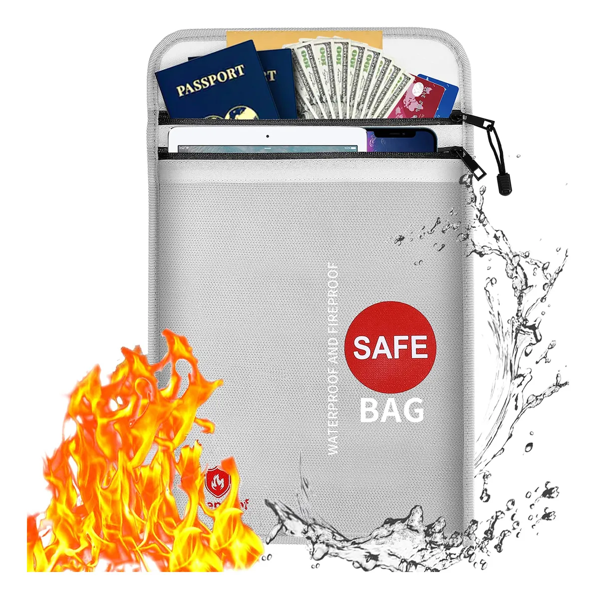 Bolsa Documentos Ignífuga Impermeable A4 Doble C Gris Diseño Tela | Protección Segura Documentos Valiosos | Almacenamiento Resistente Fuego Agua