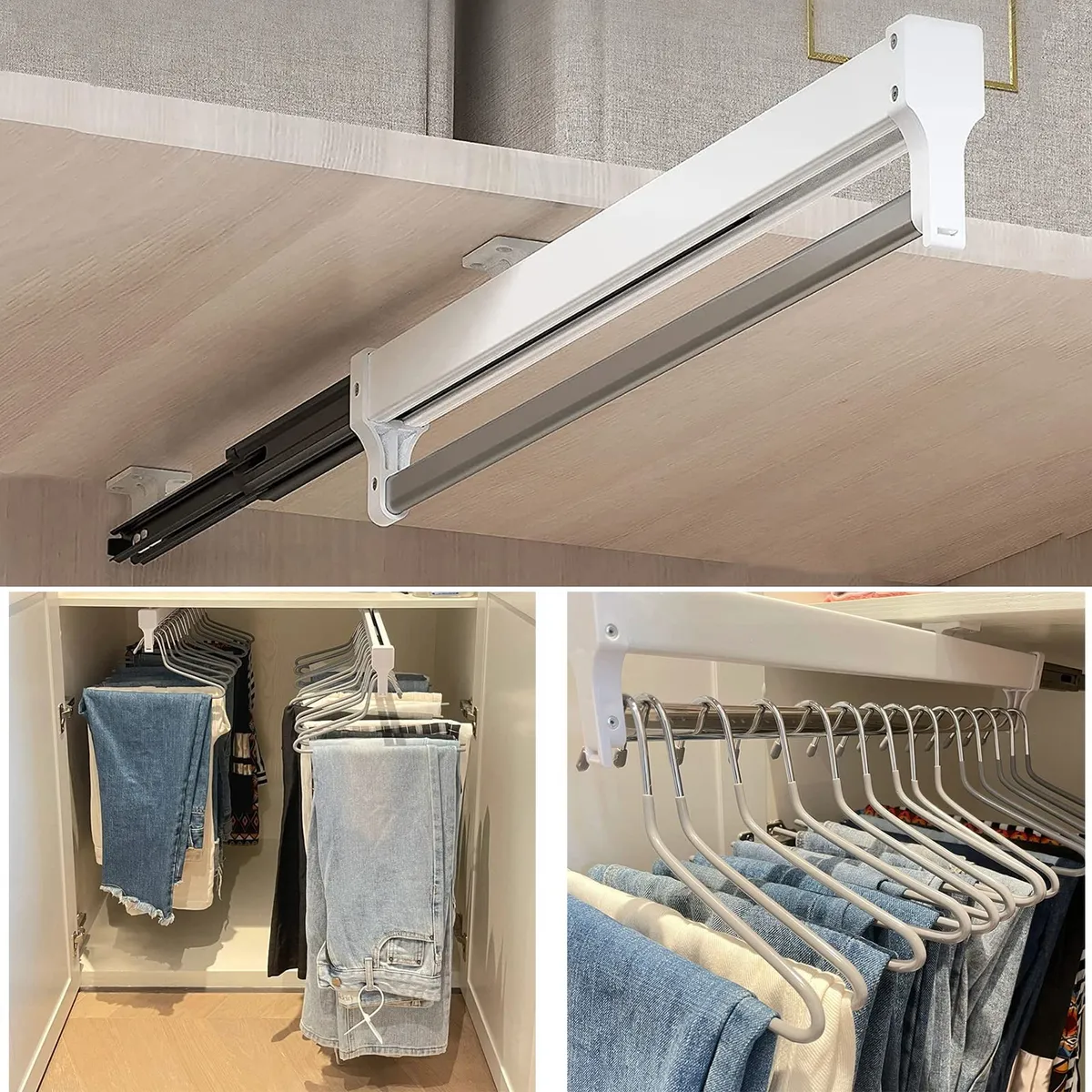 Barra de Valet Extraíble Ajustable para Clóset | Acero Resistente | Organización de Ropa Colgada | Diseño Interior Profesional | Soporte de Carga Máxima | Solución Práctica para Armarios