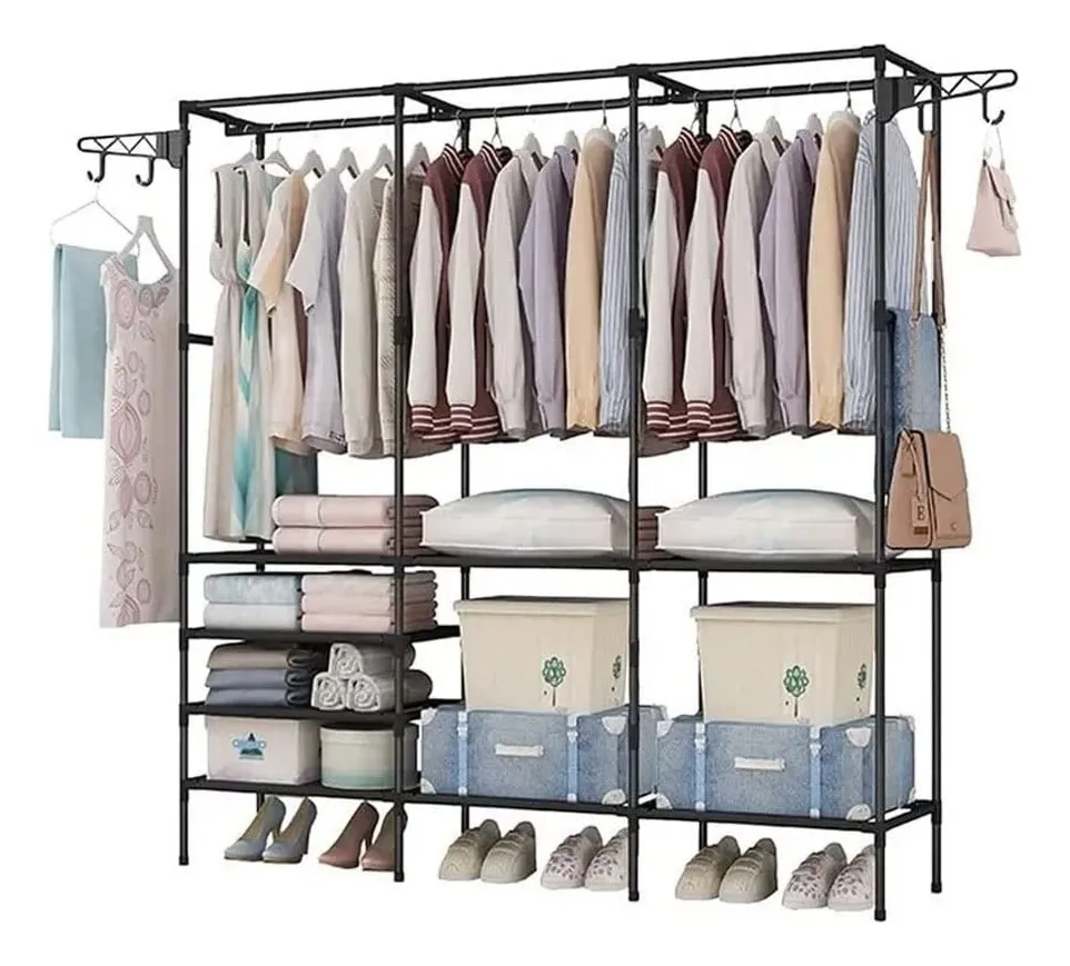 Rack Armario Perchero de Piso para Ropa y Zapatos Negro Robusto | Organizador Versátil | Diseño Moderno | Estilo Minimalista | Estructura Resistente | Fácil Montaje | Hogar y Oficina