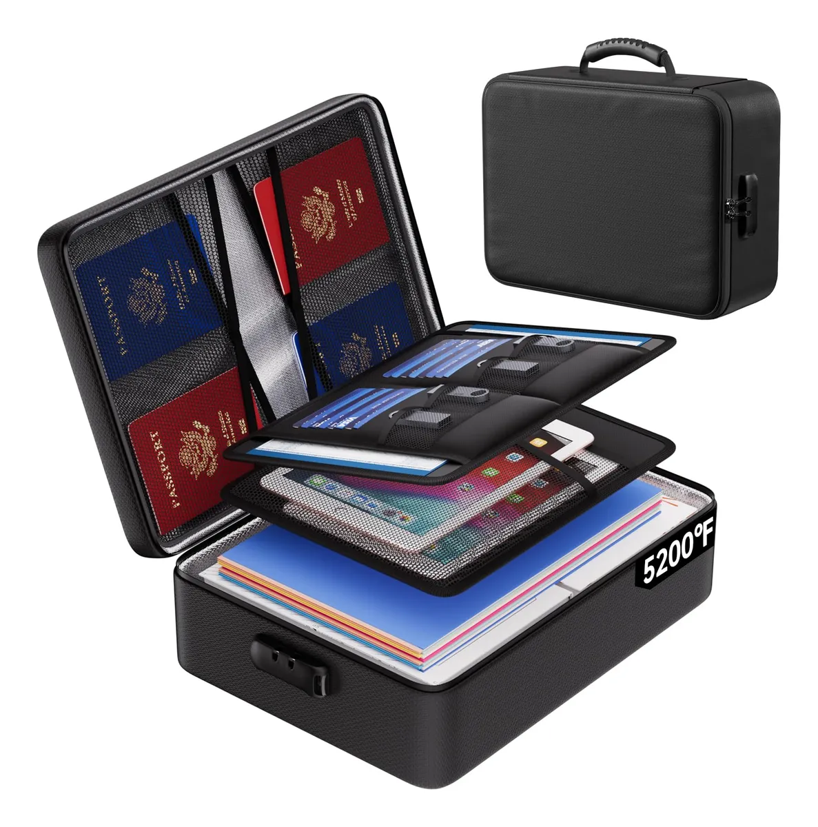 Bolsa Documentos Ignífuga con Cerradura - Aislamiento Térmico Negro, Diseño Tela, Protección Superior para Valores