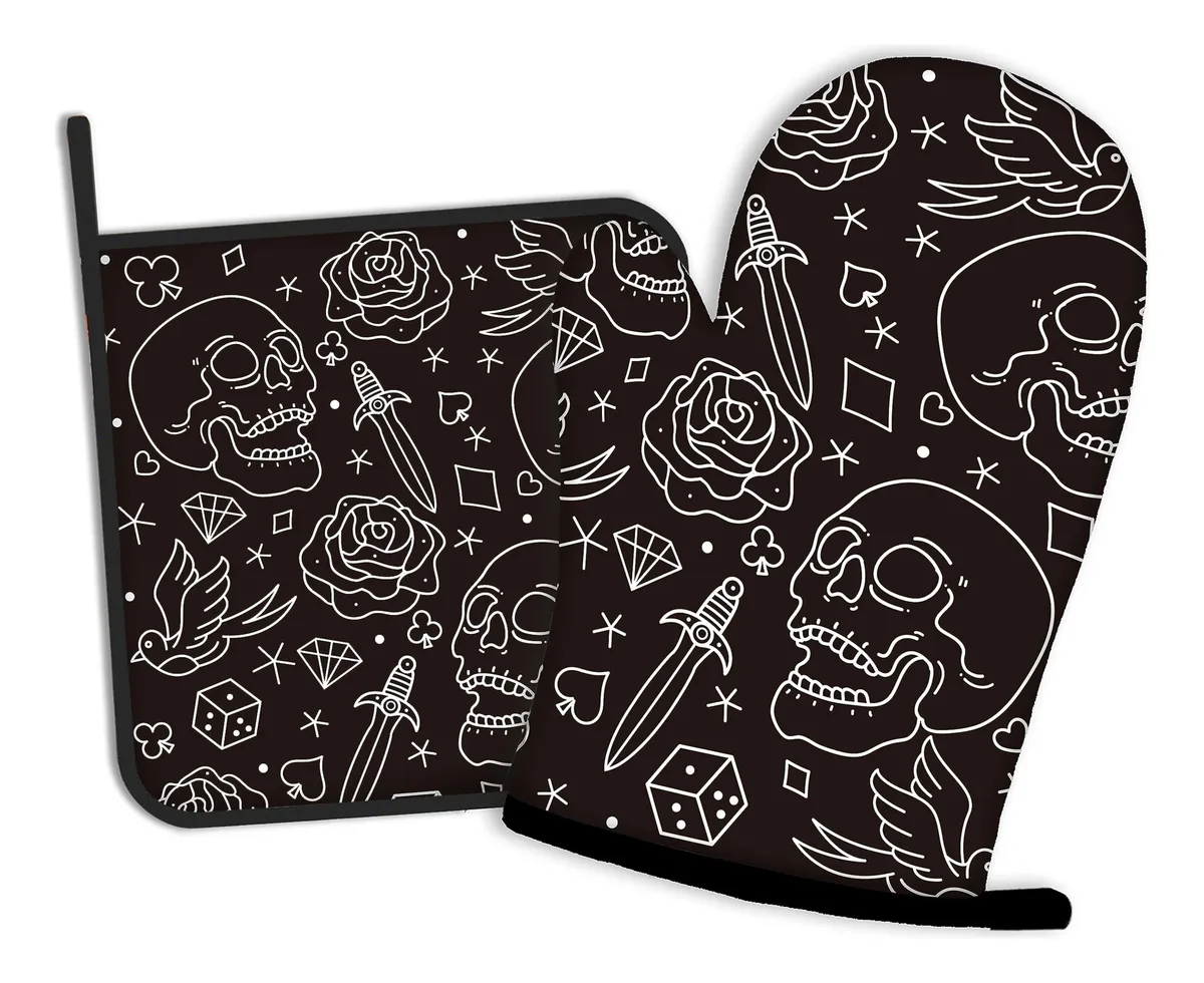 Cabezal de Calavera con Manoplas y Soportes para Ollas - Diseño Exclusivo 'Cabeza de Calavera con Rosa' - Accesorios de Cocina Temáticos y Decorativos - Ideal para Regalo