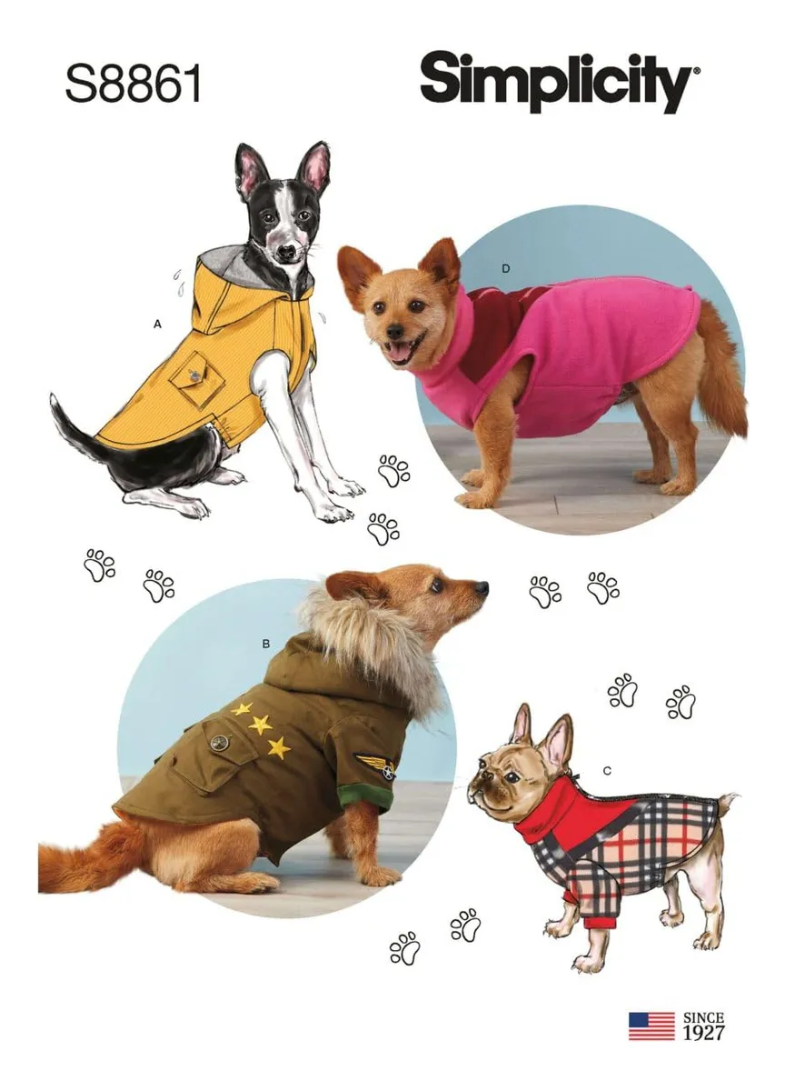 Patrón de Costura para Abrigos de Perros Simplicity S8861: Crea Ropa Personalizada para Mascotas Tallas S, M, L | Fácil y Divertido