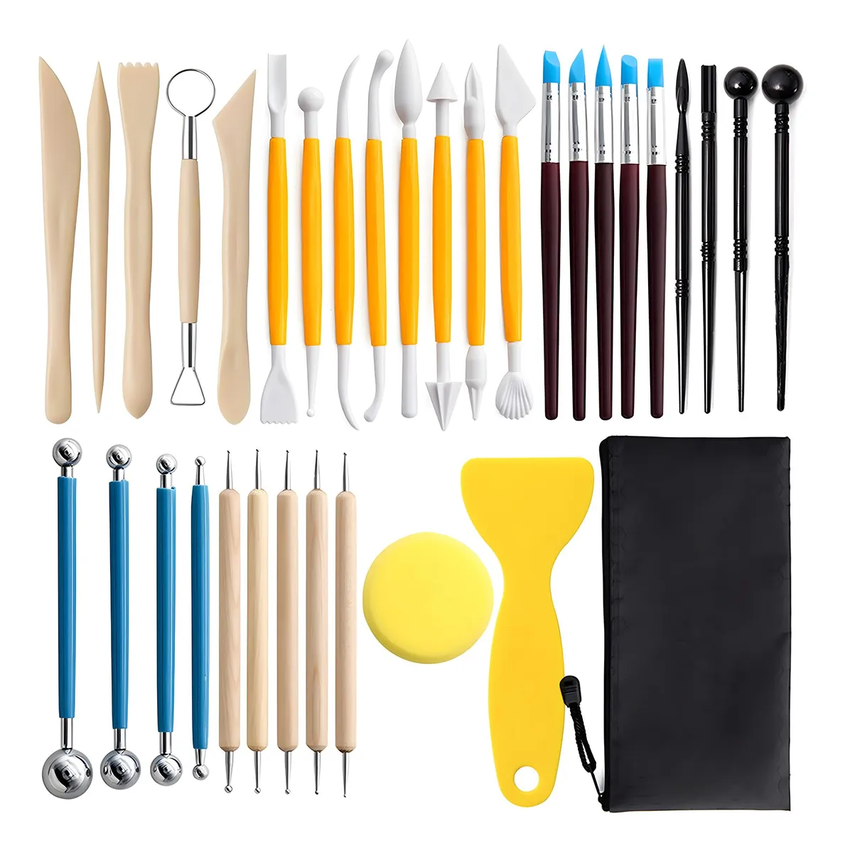 34 Piezas Kit Herramientas de Arcilla con Puntas de Goma y Pinceles para Escultura y Modelado Detallado | Set Completo para Artistas y Aficionados