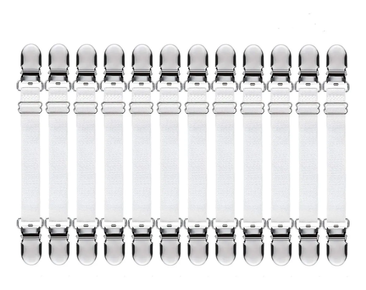 Clips para Sábanas 12 Piezas - Corredera de Sujeción Universal para Colchones y Ropa de Cama - Blanco Elegante para un Dormitorio Organizado