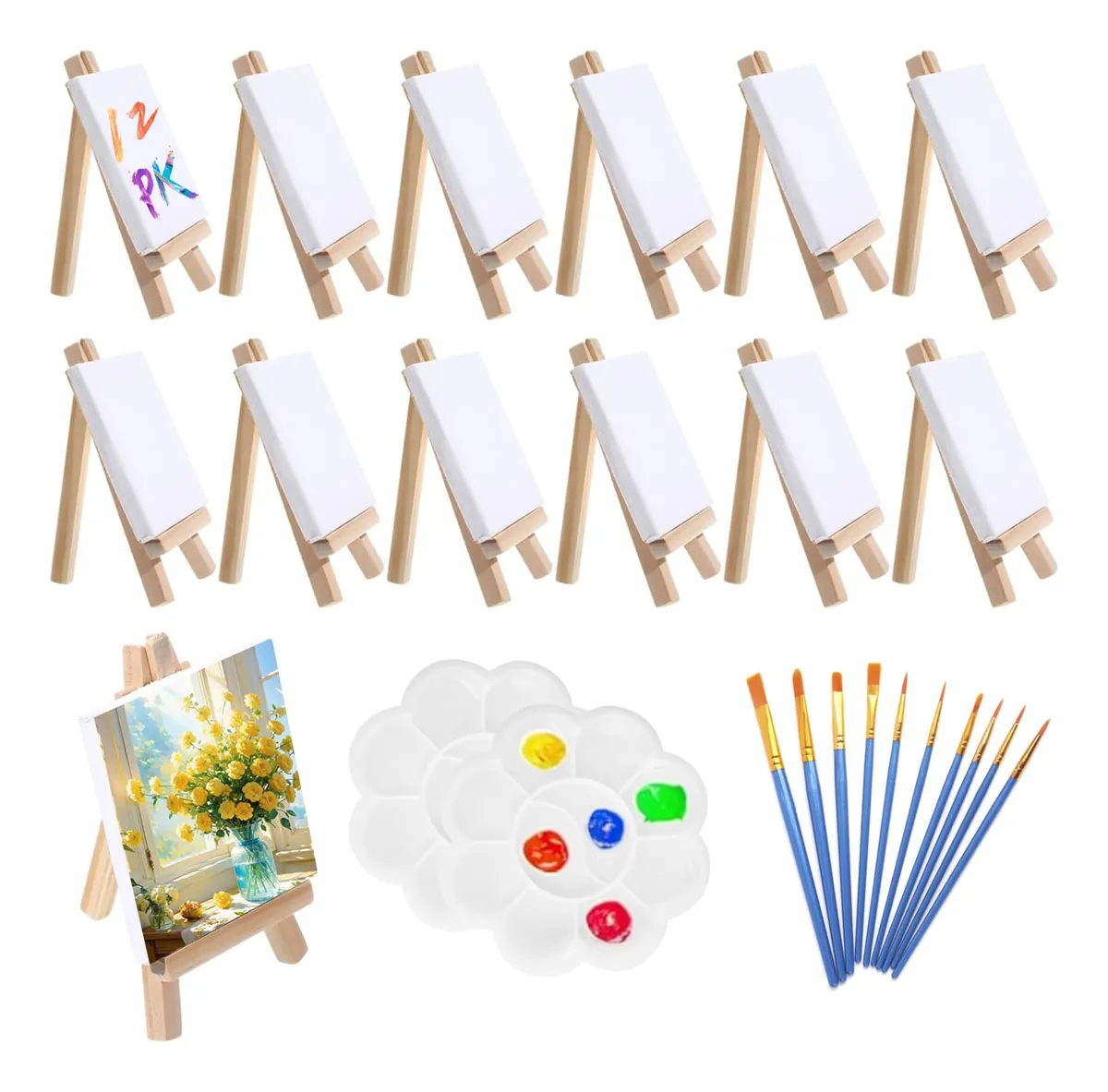Caballetes para Pintar Niños Set Completo: 12 Mini Lienzos y Pinceles Profesionales - Ideal para Pequeños Artistas y Proyectos Creativos - Blanco