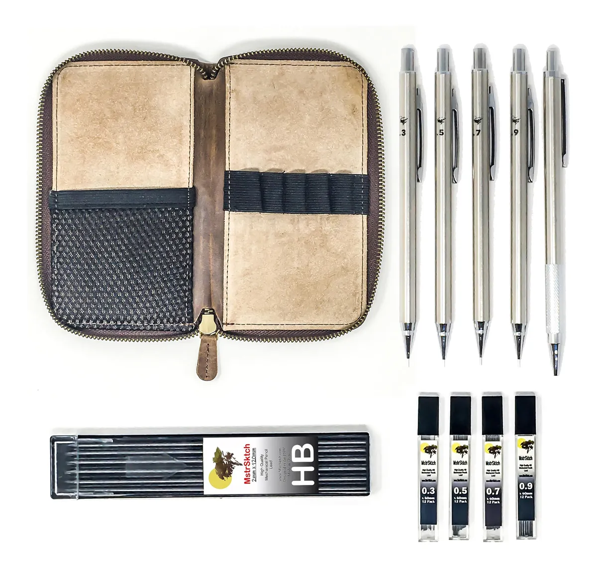 Juego de Lápices Mecánicos de Alta Calidad 11 Piezas con Elegante Funda de Piel Genuina - Herramienta de Escritura Profesional y Duradera para Dibujo y Boceto