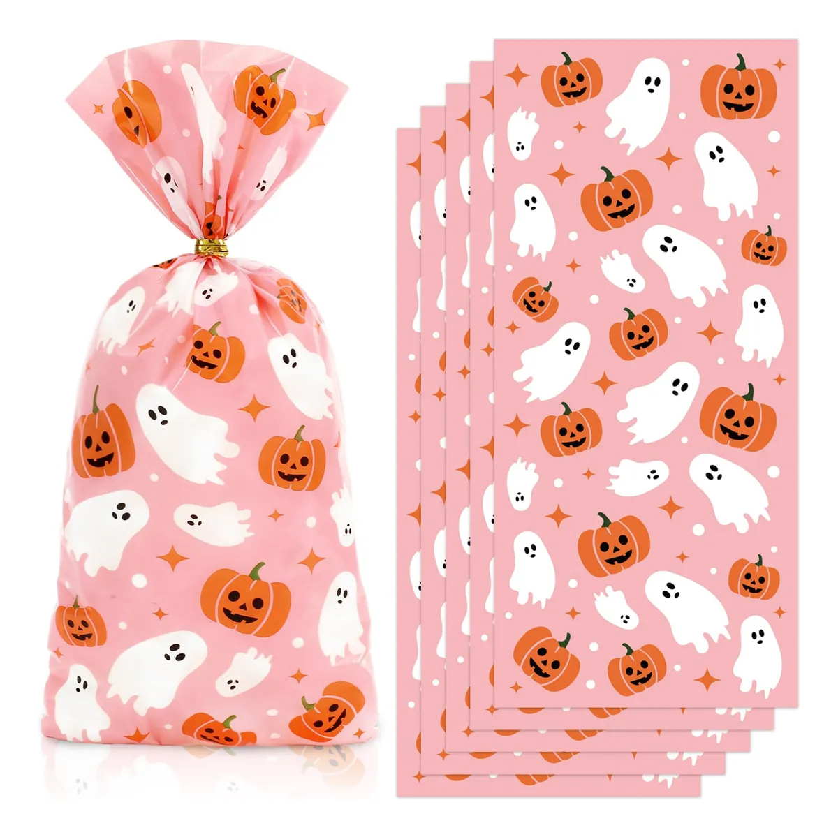 100 Bolsas de Celofán para Halloween con Lazos Giratorios - Ideales para Dulces y Regalos de Fiesta - Color y Diseño Variado