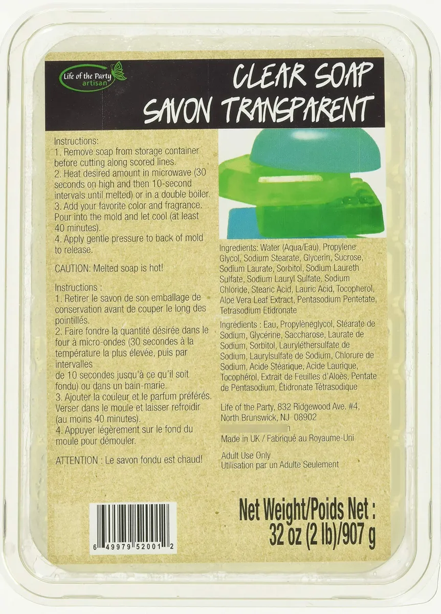 Base de Jabón Transparente Life Of The Party 907 Gramos para Elaboración Artesanal de Jabones y Cosméticos - Perfecta para Iniciarse y Profesionales