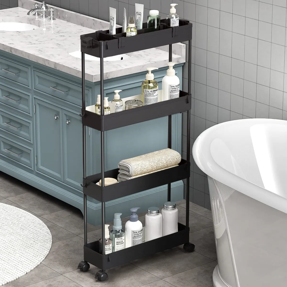 Carrito de Almacenamiento Delgado 4 Niveles para Baño Negro - Organizador Compacto y Práctico para Espacios Reducidos - Solución de Almacenamiento Vertical Negro