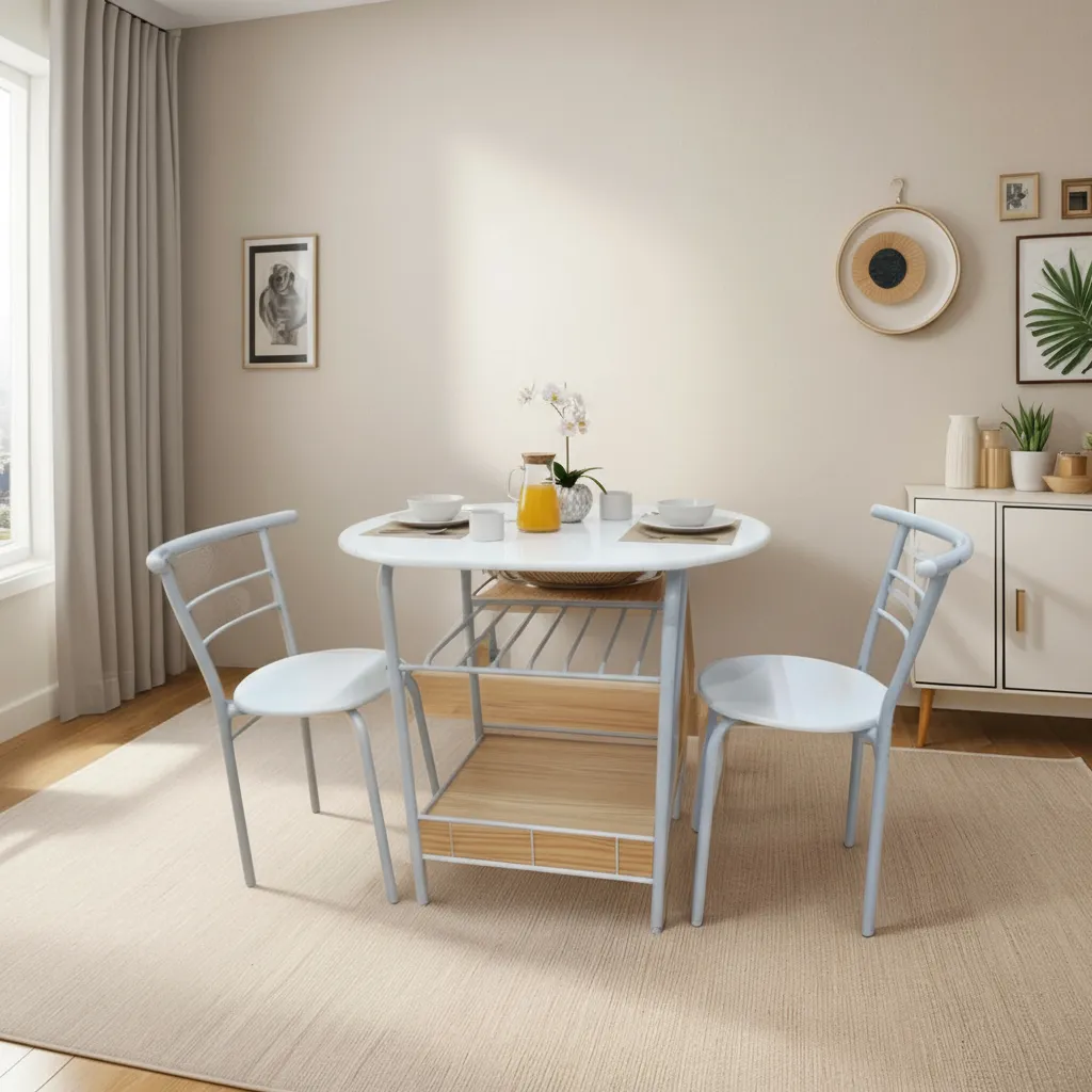 Comedor 3 Piezas para Cocina y Desayuno | Mesa Redonda Metal y 2 Sillas Diseño Tela | Estilo Moderno Compacto Negro