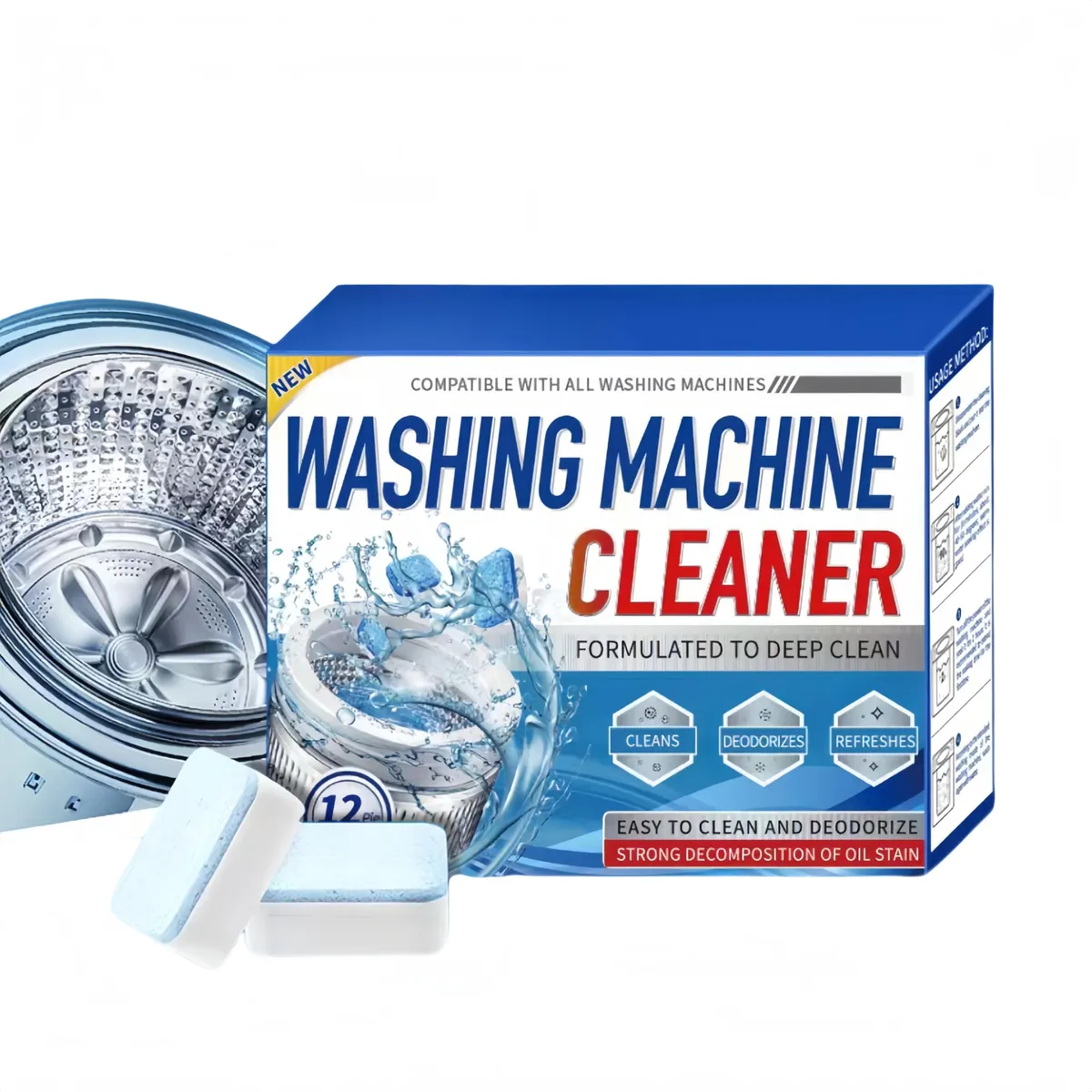 Limpiador Efervescente Bactericida para Lavadoras | 12 Pastillas Potentes para Higiene Profunda | Elimina Malos Olores y Residuos | Mantenimiento Esencial