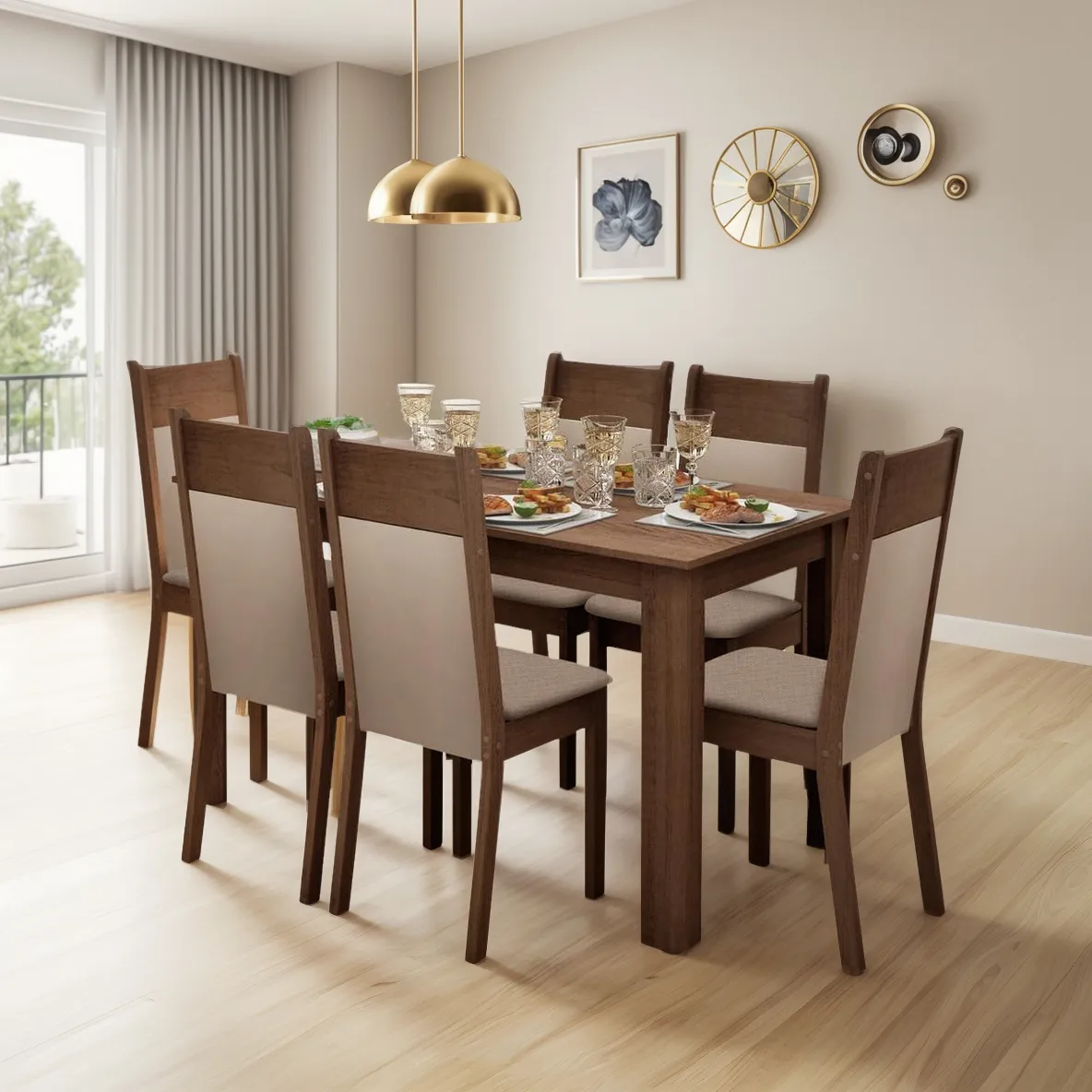 Juego de Comedor Mesa Madera Maciza y 6 Sillas Tapizadas Tela Diseño Moderno Marrón, Crema, Beige - Elegancia y Confort para tu Hogar