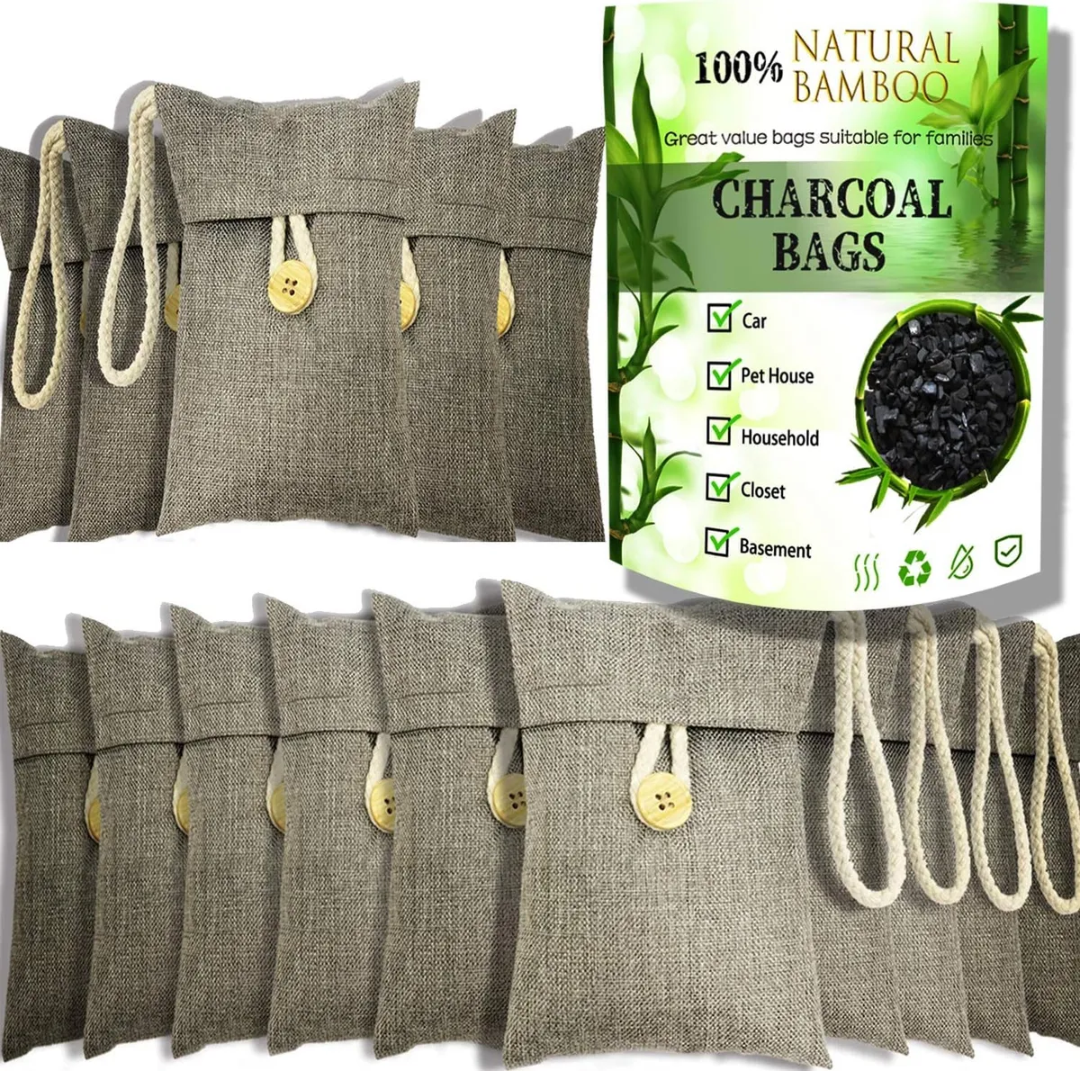 Bolsas Purificadoras de Aire Carbón Bambú Natural | Absorbe Olores y Humedad | Hogar, Coche, Armarios | Sin Químicos