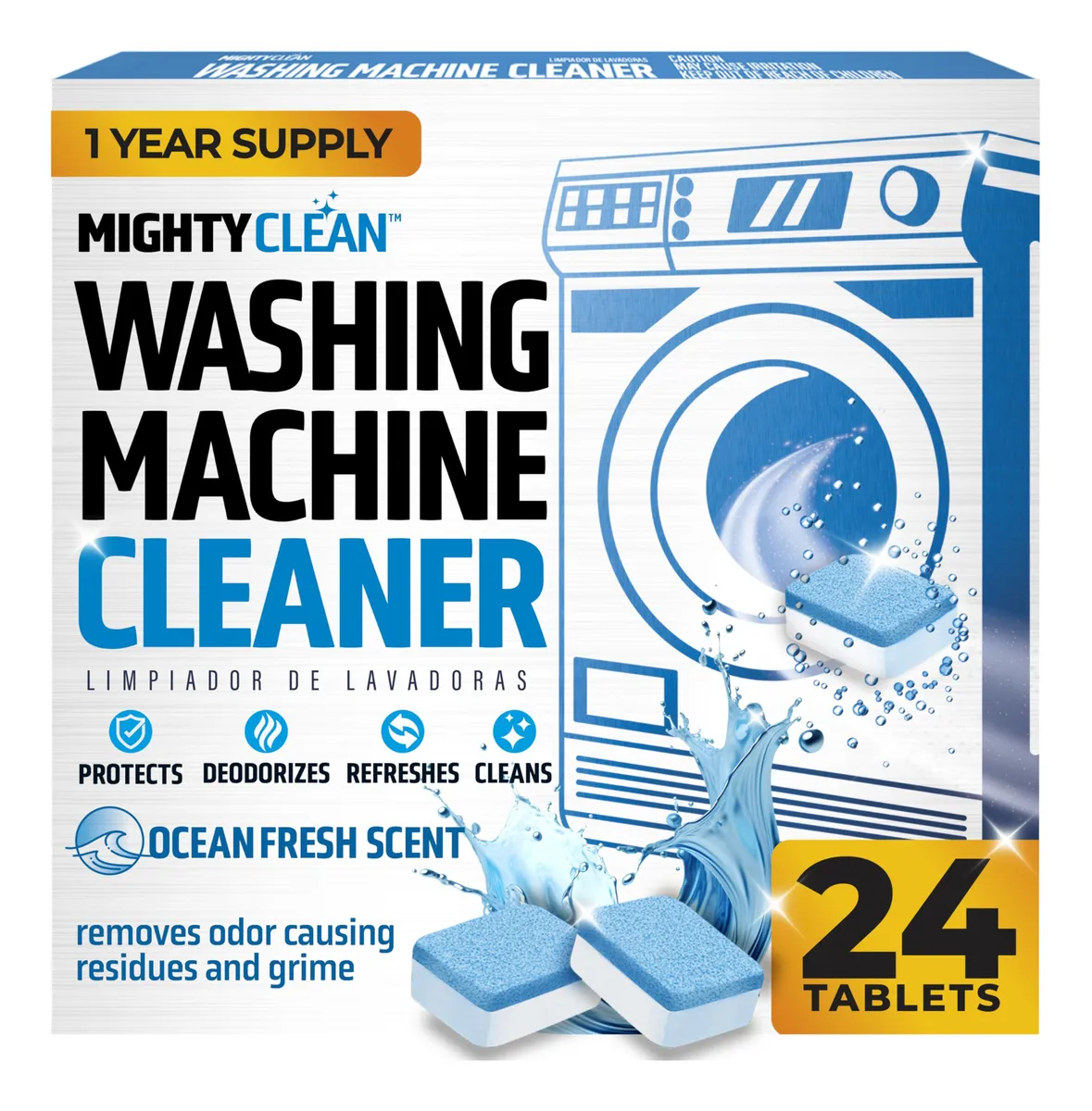 Limpiador de Lavadoras Aroma Fresco Oceánico - 24 Tabletas Potentes para Eliminar Olores y Residuos - Mantenimiento Esencial para tu Electrodoméstico